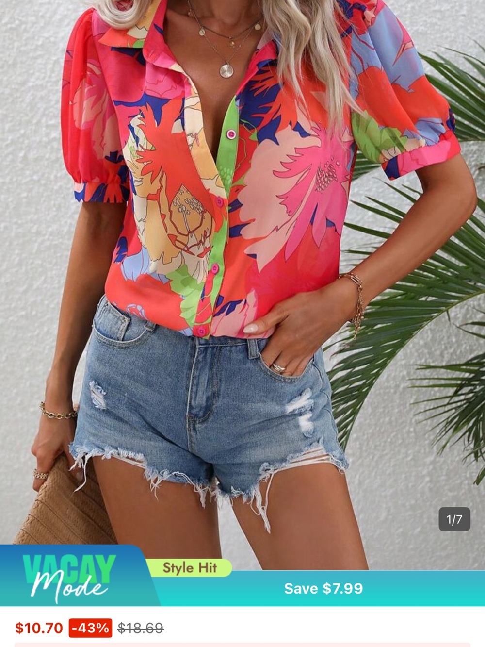 Floral Button-Front Short Sleeve Top in Coral Pink